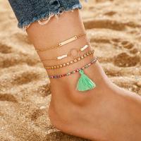 Zinc Alloy Anklet, with Cotton Thread & Seedbead, Tassel, gold color plated, 4 pieces & oval chain & for woman Approx 7.5 Inch, Approx 7.8 Inch 