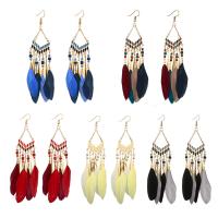 Zinc Alloy Tassel Earring, with Seedbead & Feather, stainless steel post pin, gold color plated, for woman 40*130mm 