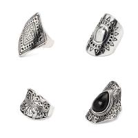 En alliage de zinc Bague, bague, anneau, avec agate noire, Plaqué de couleur d'argent, 4 pièces & réglable & pour femme .5, Vendu par fixé