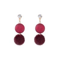 Zinc Alloy Drop Earring, with Plush, stainless steel post pin, Round, gold color plated, with fluffy ball & cute & fashion jewelry & for woman & with rhinestone 