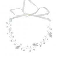 Brass Headband, with Plastic Pearl, Leaf, silver color plated, for bridal & for woman & with rhinestone, 290mm 