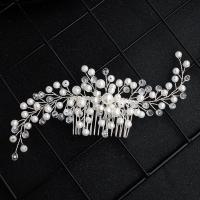 Brass Decorative Hair Comb, with ABS Plastic Pearl & Clear Quartz, Leaf, silver color plated, fashion jewelry & for bridal & for woman, 185*65mm 