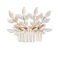 Zinc Alloy Decorative Hair Comb, with Plastic Pearl, Leaf, gold color plated, fashion jewelry & for bridal & for woman & enamel, white, 100*75mm 