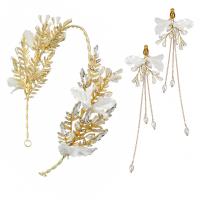 Zinc Alloy Jewelry Set, Hair Band & earring, with Plastic Pearl, gold color plated, for woman & enamel & with rhinestone, white, 14*14cm,15*5CM 