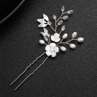 Zinc Alloy Hair Stick, with Plastic Pearl, Flower, silver color plated, for bridal & for woman & enamel & with rhinestone, white, 120*60mm 
