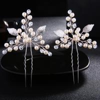 Zinc Alloy Hair Stick, with Plastic Pearl, plated, 2 pieces & fashion jewelry & for bridal & for woman & with rhinestone 105*85mm 