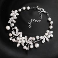 Zinc Alloy Bracelet, with Plastic Pearl, with 6.5cm extender chain, Flower, silver color plated, for woman & with rhinestone, 210mm .4 Inch 