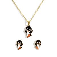 Enamel Stainless Steel Jewelry Sets, earring & necklace, Penguin, oval chain & for woman, black  Approx 15 Inch 
