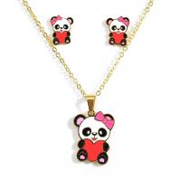 Enamel Stainless Steel Jewelry Sets, Stud Earring & necklace, Bear, gold color plated, oval chain & for woman, pink  Approx 15 Inch 