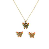 Enamel Stainless Steel Jewelry Sets, Stud Earring & necklace, Butterfly, gold color plated, oval chain & for woman, multi-colored  Approx 15 Inch 