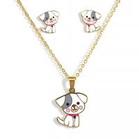 Enamel Stainless Steel Jewelry Sets, Stud Earring & necklace, Dog, gold color plated, oval chain & for woman, multi-colored  Approx 15 Inch 