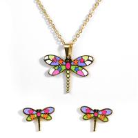 Enamel Stainless Steel Jewelry Sets, Stud Earring & necklace, Dragonfly, gold color plated, oval chain & for woman, multi-colored  Approx 15 Inch 
