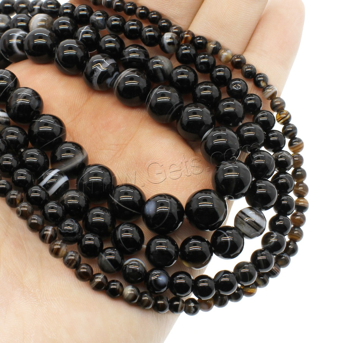 Natürliche Streifen Achat Perlen, rund, Modeschmuck & verschiedene Größen vorhanden, schwarz, Bohrung:ca. 1mm, Länge:ca. 14.9 ZollInch, verkauft von Strang