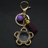 Aluminum Key Chain, with PU Leather, Flower, gold color plated, vintage & fashion jewelry & with rhinestone, purple  