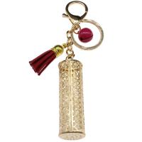 Aluminum Key Chain, with PU Leather, Column, gold color plated, vintage & fashion jewelry & hollow, red 