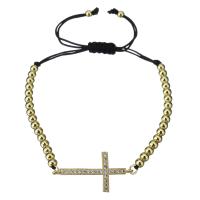 Stainless Steel Chain Bracelets, with Nylon Cord, Cross, gold color plated, Adjustable & micro pave cubic zirconia & for woman  Approx 6-9 Inch 