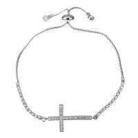 Stainless Steel Chain Bracelets, Cross, Adjustable & box chain & micro pave cubic zirconia & for woman, original color 2mm Approx 6-9 Inch 