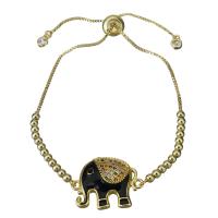 Stainless Steel Chain Bracelets, Elephant, gold color plated, Adjustable & box chain & micro pave cubic zirconia & for woman & enamel  Approx 6-9 Inch 