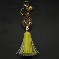 Aluminum Key Chain, with PU Leather, Tassel, gold color plated, vintage & fashion jewelry & hollow, yellow 