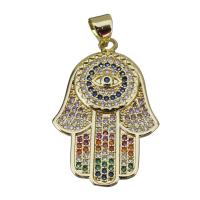 Colgante de Micro Pavé de Zirconía Cúbica, metal, Hamsa, chapado en color dorado, Joyería & micro arcilla de zirconia cúbica, 19.5x29x2.5mm, agujero:aproximado 3.5x4.5mm, Vendido por UD