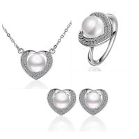 Zinc Alloy Jewelry Set, Stud Earring & finger ring & necklace, with Cubic Zirconia & Plastic Pearl, plated, three pieces & fashion jewelry & for woman nickel, lead & cadmium free, 14*12mm,13*12mm 