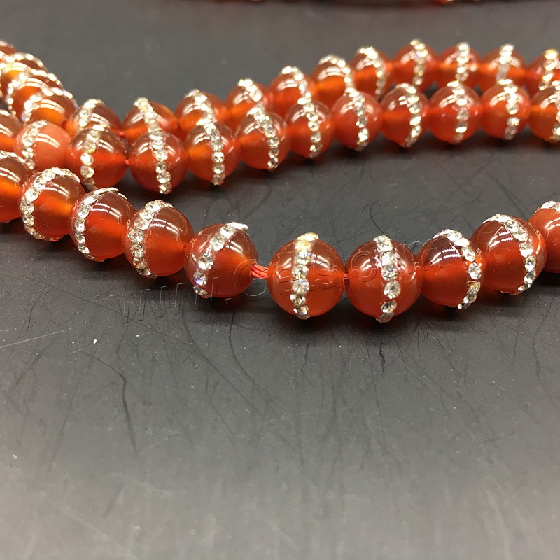 Natural Red Agate Beads, Round, different size for choice & with rhinestone, red, Hole:Approx 1mm, Length:Approx 14.9 Inch, Sold By Strand