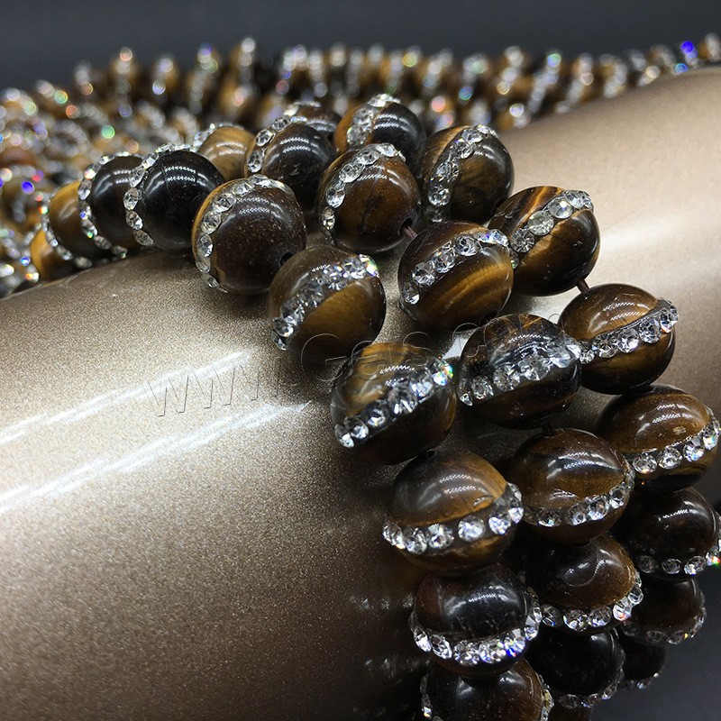 Tiger Eye Beads, Round, different size for choice & with rhinestone, yellow, Hole:Approx 1mm, Length:Approx 14.9 Inch, Sold By Strand