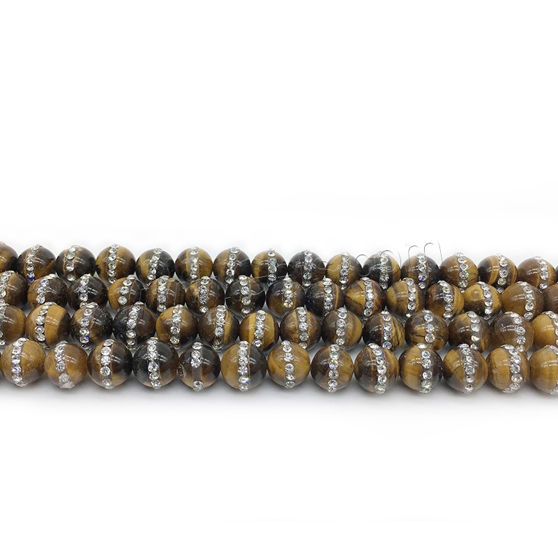 Tiger Eye Beads, Round, different size for choice & with rhinestone, yellow, Hole:Approx 1mm, Length:Approx 14.9 Inch, Sold By Strand