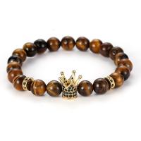 Tiger Eye Bracelet, with Brass, Crown, plated, fashion jewelry & Unisex & micro pave cubic zirconia 8mm Approx 7.48 Inch 