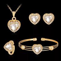 Rhinestone Zinc Alloy Jewelry Set, Stud Earring & bangle & finger ring & necklace, Heart, gold color plated, 4 pieces & for woman & with rhinestone 