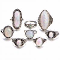 aleación de zinc anillo, con Ópalo, chapado en color de plata antigua, 8 piezas & Vintage & Joyería & para mujer, Vendido por Set