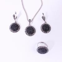 Zinc Alloy Jewelry Set, finger ring & earring & necklace, with Resin, silver color plated, three pieces & for woman, black 