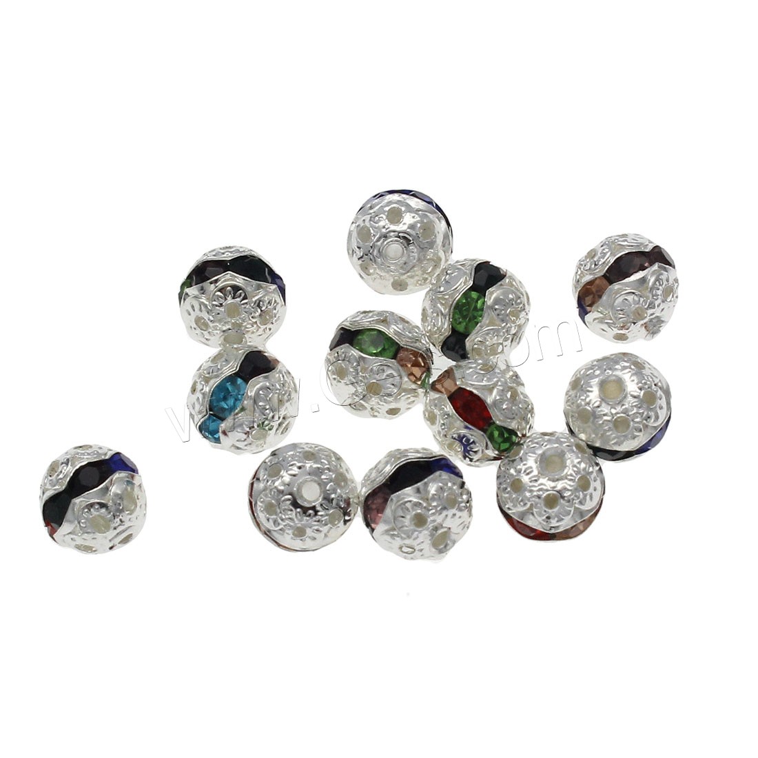 Rhinestone Brass Beads, Round, silver color plated, Mini & fashion jewelry & DIY & different size for choice & with rhinestone, Hole:Approx 1.3mm, Sold By Bag