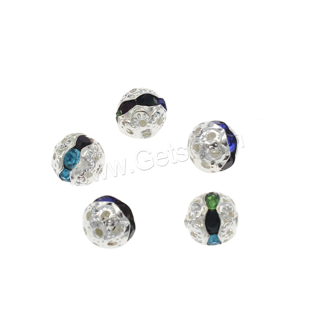 Rhinestone Brass Beads, Round, silver color plated, Mini & fashion jewelry & DIY & different size for choice & with rhinestone, Hole:Approx 1.3mm, Sold By Bag