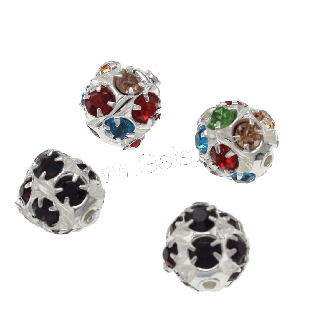 Rhinestone Brass Beads, Round, silver color plated, cute & fashion jewelry & DIY & different size for choice & with rhinestone, more colors for choice, Hole:Approx 1.3mm, 100PCs/Bag, Sold By Bag