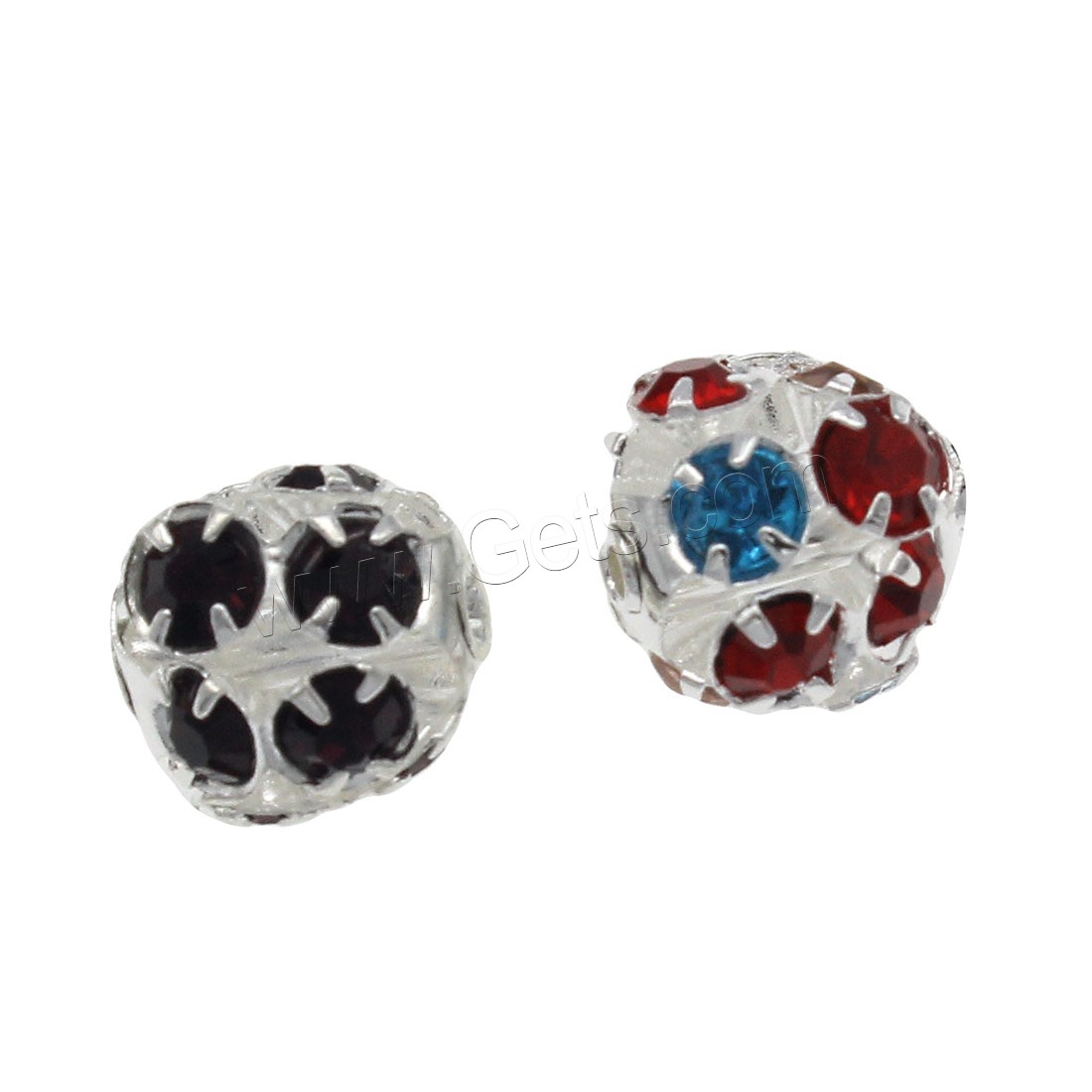Rhinestone Brass Beads, Round, silver color plated, cute & fashion jewelry & DIY & different size for choice & with rhinestone, more colors for choice, Hole:Approx 1.3mm, 100PCs/Bag, Sold By Bag