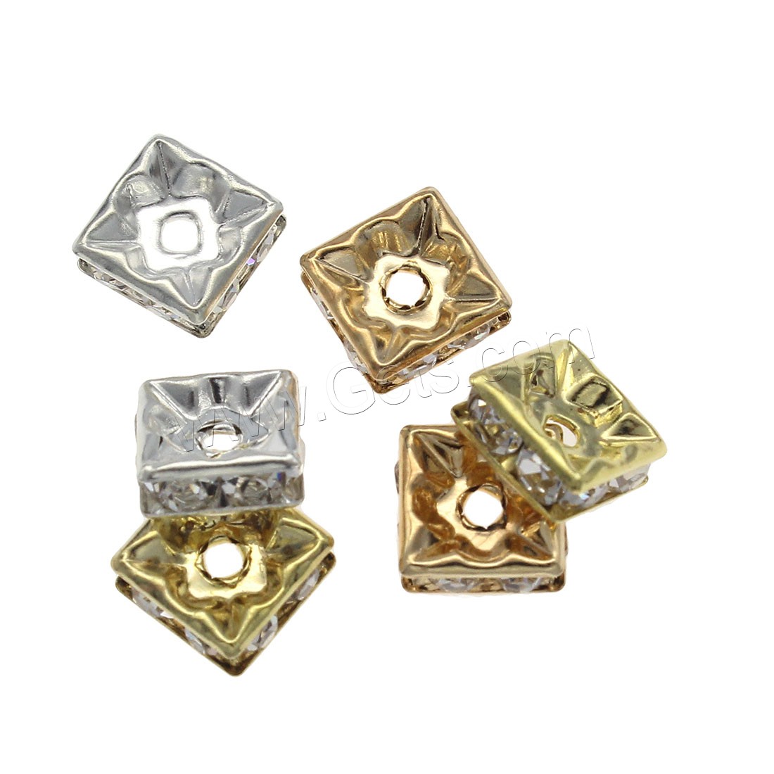 Rhinestone Brass Beads, Square, plated, fashion jewelry & DIY & different size for choice & with rhinestone, more colors for choice, Hole:Approx 1.5mm, Sold By Bag