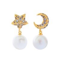 Brass Drop Earring, with Plastic Pearl, Moon and Star, gold color plated, for woman & with rhinestone, 25*10mm 