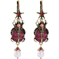 Zinc Alloy Leverback Earring, with Plastic Pearl, Insect, antique brass color plated, for woman & with rhinestone, 65mm 