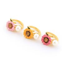 Brass Open Finger Ring, with Plastic Pearl, Flower, gold color plated, for woman & enamel 23mm, US Ring 