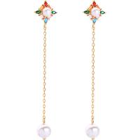Brass Drop Earring, with Plastic Pearl, gold color plated, for woman & with rhinestone, 70mm 