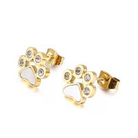 Titanium Steel Stud Earring, with White Shell, Bear Paw, plated, cute & fashion jewelry & micro pave cubic zirconia & for woman 11*10mm 