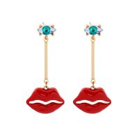 Enamel Zinc Alloy Drop Earring, with Crystal, Lip, gold color plated, fashion jewelry & for woman, 58mm 