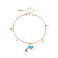 Zinc Alloy Rhinestone Bracelets, Dolphin, gold color plated, for woman & with rhinestone, blue, 188mm .52 Inch 