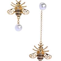 Zinc Alloy Asymmetric Earrings, with Glass Pearl, Bee, gold color plated, fashion jewelry & for woman & with rhinestone, 75mm,28mm 