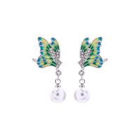 Zinklegierung Tropfen Ohrring, mit Kunststoff Perlen, Schmetterling, silberfarben plattiert, für Frau & Emaille & mit Strass, 28mm, verkauft von Paar