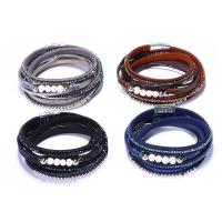 PU Leather Wrap Bracelet, with ABS Plastic Pearl & Crystal & Zinc Alloy, platinum color plated, vintage & fashion jewelry & for woman & faceted Approx 7.5 Inch 