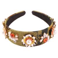 Zinc Alloy Hair Band, with ABS Plastic Pearl & Cloth, gold color plated, for woman & with rhinestone, deep green 