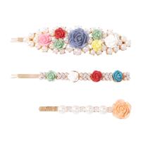 Zinc Alloy Hair Slide, with ABS Plastic Pearl & Resin, Flower, gold color plated, three pieces & for woman & with rhinestone, multi-colored 