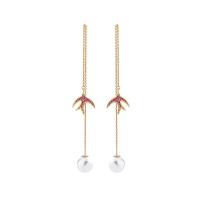 Brass Earring, with Cubic Zirconia & Plastic Pearl, swallow, gold color plated, fashion jewelry & detachable & for woman & with rhinestone, 146*15mm 